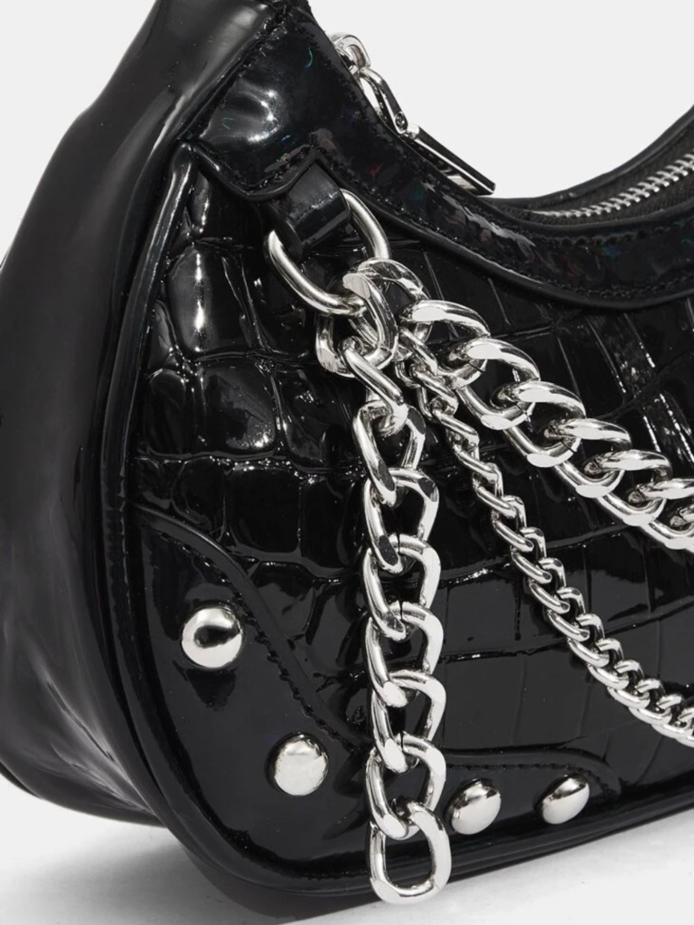Y2K Black Croc Embossed Chain Shoulder Bag - Picture 3 of 7